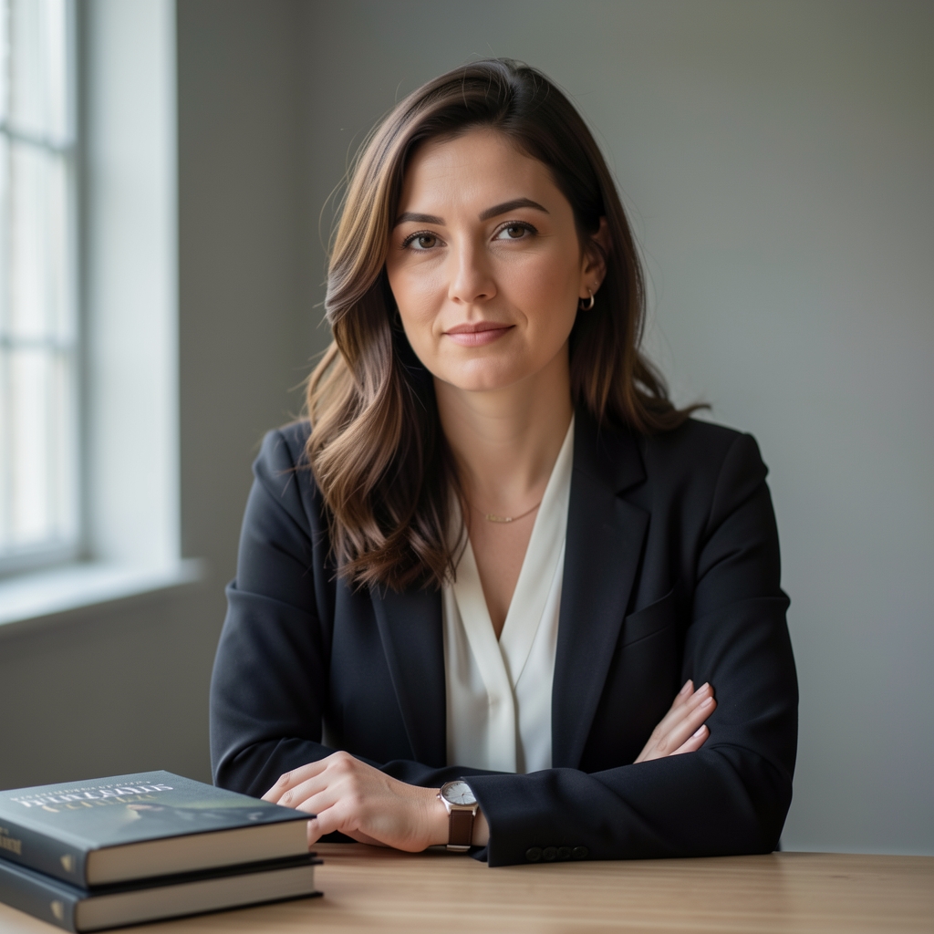 Professional editorial portrait of a woman in her thirties, natural light from a window, muted background, calm expression, book on desk beside her