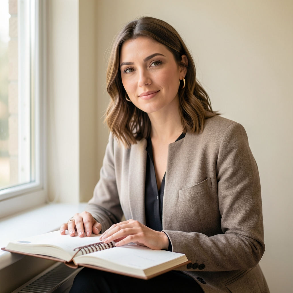 Editorial portrait of a woman in her late twenties seated by a window, soft daylight, plain cream wall, hands resting on an open planner