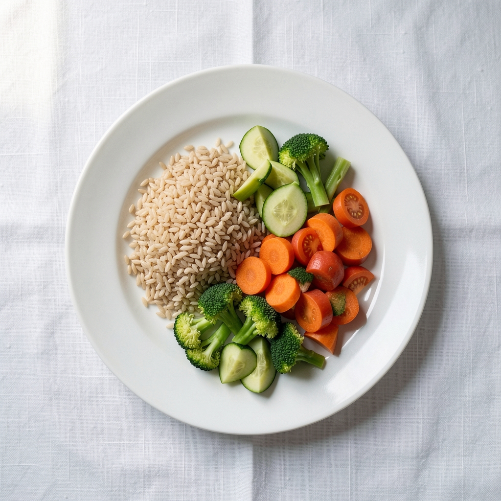 Overhead view of a simple dinner plate with measured portions of grains and vegetables on a white linen tablecloth, natural daylight from a side window