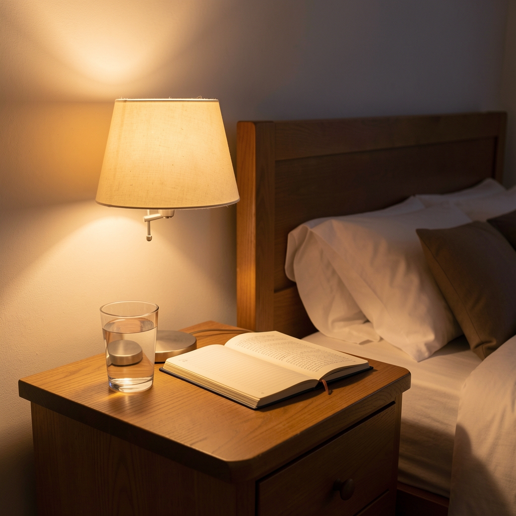 Warm bedside lamp illuminating a notebook and glass of water on a wooden nightstand, soft evening light casting long shadows, quiet domestic interior